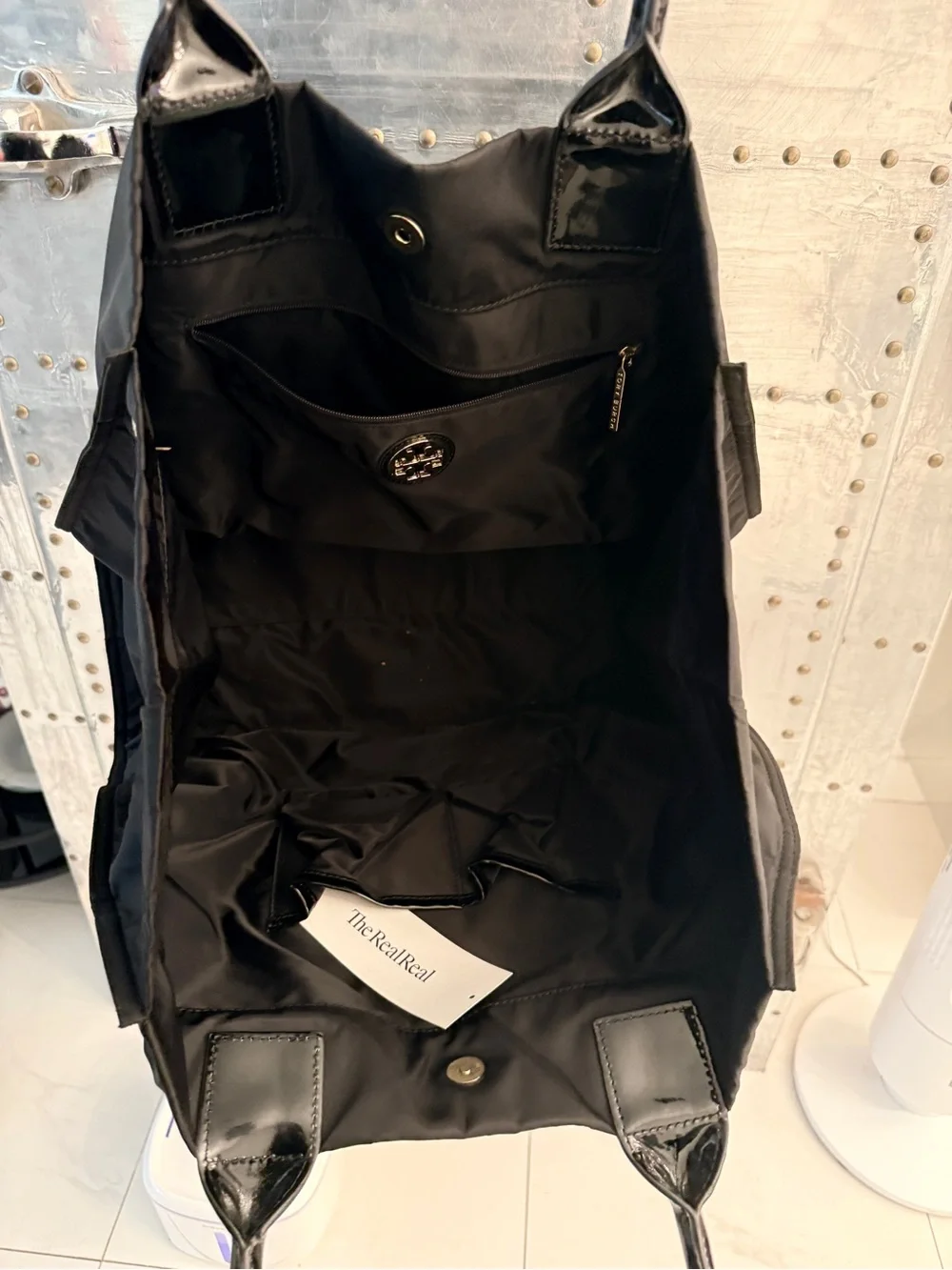 Tory Burch Black Logo Nylon Tote with Leather Trim